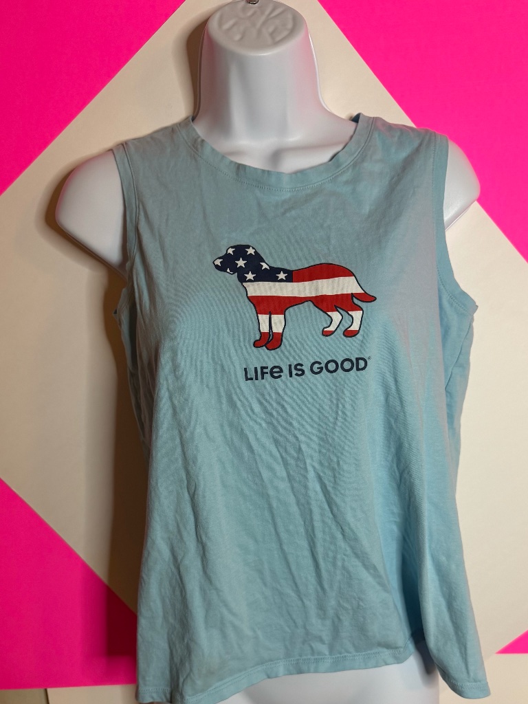 Life Is Good Americana Dog Muscle Tank | Size Small | Fourth Of July Lake